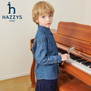 哈吉斯（HAZZYS）品牌童装男童秋舒适透气帅气翻领休闲梭织牛仔长袖衬衫 蓝牛仔 155