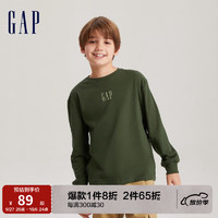 Gap男女童秋季2023LOGO纯棉运动长袖T恤794726儿童装休闲上衣 深绿色 130cm(M)