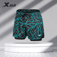 特步（XTEP）泳裤男士平角双层水陆两用温泉沙滩游泳裤B210025 绿黑菱形 M 