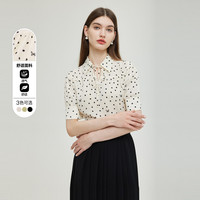 23夏翻领蝴蝶图案系带荷叶边袖口半袖衬衫上衣女 S 米色