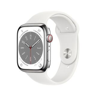 Apple 苹果 Watch Series 8 智能手表 45mm GPS+蜂窝网络款 银色不锈钢表壳 白色运动型表带（GPS、血氧、ECG）