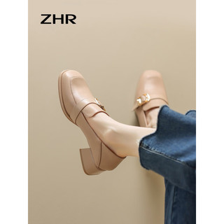ZHR 单鞋女秋季时尚潮流气质方扣两穿式鞋子女舒适气质百搭女鞋 杏色 35码