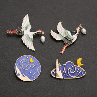 QT 创意古风胸花（四件）可爱日系仙鹤胸针卡通太阳星云月别针女士中国风饰品