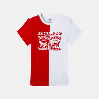 男童夏红白拼色纯棉短袖T李维斯童装儿童舒适短袖T恤 160(L) 超级红