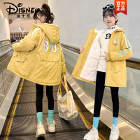 迪士尼（Disney）女童加绒加厚外套秋冬装中大童派克服10岁小女孩洋气中长款棉衣12 黄色 120cm