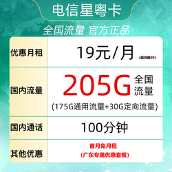 CHINA TELECOM 中国电信 广东电话卡 半年19元月租（225G全国流量+100分钟通话） 广东用户专享