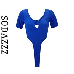SODAZZZ 多巴胺蓝色辣妹短袖T恤女夏季镂空辣妹修身性感连体上衣