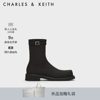 CHARLES&KEITH23冬季方头加绒拉链粗跟短靴女CK1-90380146 BLACK TEXTURED黑色纹理 35