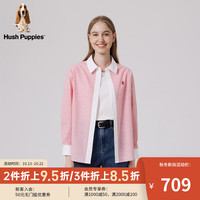 Hush Puppies暇步士女装2024春季经典细格纹美式休闲拼接衬衫 328红白 S