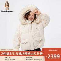 Hush Puppies暇步士女装貉子毛领短款休闲羽绒服 110杏色 L