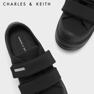 CHARLES&KEITH23冬季潮流厚底魔术贴穆勒鞋女CK1-70900491 BLACK TEXTURED黑色纹理 37