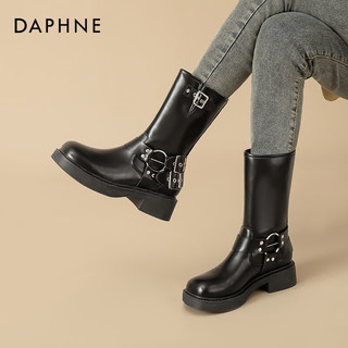 达芙妮（DAPHNE）骑士靴女西部牛仔靴中高筒靴子厚底复古英伦风马丁靴 黑色 39