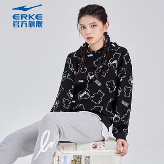 ERKE 鸿星尔克 卫衣女秋季连帽女生套头衫休闲运动上衣 -正黑 XL