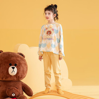 芬腾 睡衣女童秋季布朗熊联名透气长袖家居服儿童睡衣套装 黄格 150