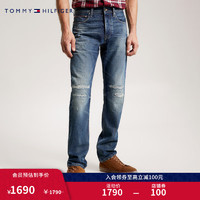 TOMMY HILFIGER 男装纯棉复古抓痕纹理破洞做旧水洗牛仔裤33370 深牛仔蓝1BQ 32/32