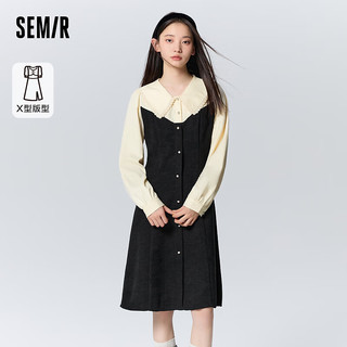 森马（Semir）连衣裙女花边大翻领冬2023拼色肌理裙子盐甜系 黑白色调00491 160/84A/M