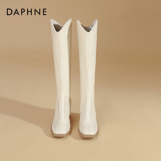 达芙妮（DAPHNE）V口长筒靴女白色骑士靴高跟拉链复古百搭过膝靴 米白色 38