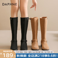 达芙妮（DAPHNE）复古风长筒靴女冬靴子胖mm粗腿时装长靴高筒骑士靴 黑色 35