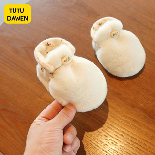兔兔大文 新生婴儿鞋子0-1岁秋冬季加绒加厚0鞋子脚套地板棉 双面可穿（米白色） 建议0-12个月（内长12CM）