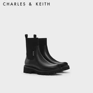 CHARLES&KEITH23冬季方头切尔西靴短靴女CK1-90920133 Black黑色 35
