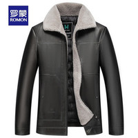 罗蒙加绒保暖羽绒皮衣男冬中年男士商务翻领加厚外套 咖色 170