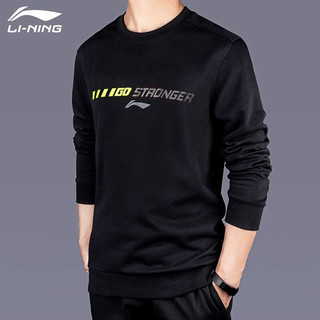 LI-NING 李宁 卫衣男春秋新款潮流宽松透气套头衫长袖t恤学生休闲运动上衣 黑色字母标 S/165