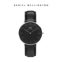 黑卡会员：Daniel Wellington 简约36mm黑盘银圈女士皮质手表