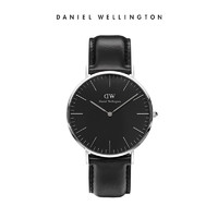 黑卡会员：Daniel Wellington 热销40mm黑盘银圈男士皮质手表