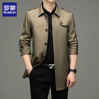 罗蒙中长款风衣男中年男士商务休闲翻领上衣时尚绅士外套 卡其 200/5XL