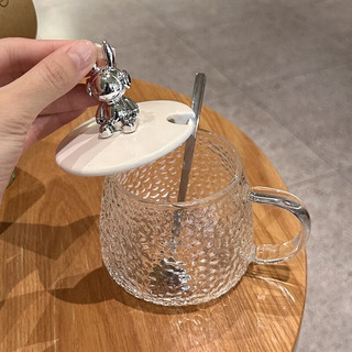 SOTIME玻璃杯 锤纹矮杯男女带把家用杯子耐热果汁花茶早餐杯 锤纹杯+小熊盖子+勺子