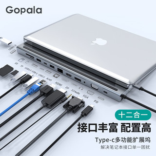 Gopala type-c扩展坞USB-C拓展坞电脑转换器雷电3HUB转HDMI转接头通用苹果 DP扩展坞12合1-DP+HDMI+VGA+千兆