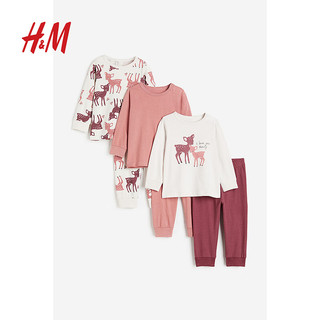H&M童装儿童套装3件装早秋柔软棉质圆领长袖上衣和长裤1101097 深粉色/鹿 100/56