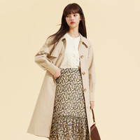 Eland衣恋简约可调节腰带长款卡其色风衣女