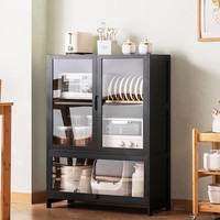 木马人餐边柜子储物柜厨房置物架茶水边柜酒柜家用简约现代靠墙客厅收纳 【透明门】经典款-黑色三层80长