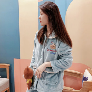 FENTENG 芬腾 睡衣女珊瑚绒秋冬季可爱卡通翻领开衫口袋保暖家居服套装 灰绿 M