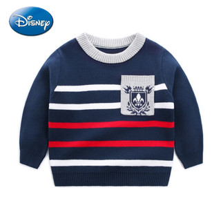 Disney 迪士尼 男童毛衣芝麻底精梳棉真口袋间色条纹秋冬保暖针织套头衫 宝蓝 90cm