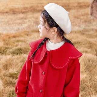茵曼（INMAN）女童中长款毛呢外套23冬装中大童宝宝儿童棉衣时尚娃娃领外套 红色 120cm