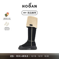 HOGAN女鞋冬H619系列女士时尚百搭仿羊羔毛冬季厚底长靴 黑/驼色 拍小半码 36.5