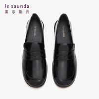 le saunda 冬商场同款纯色肌理质感圆头深口低跟乐福女鞋4T19501 黑色 BKP 35