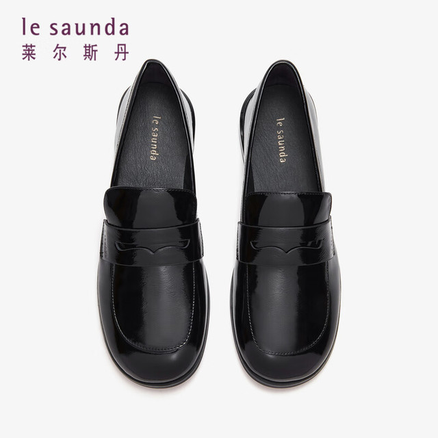 le saunda 冬商场同款纯色肌理质感圆头深口低跟乐福女鞋4T19501 黑色 BKP 35