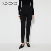 洛可可（ROCOCO）多排扣高腰显瘦铅笔裤长裤黑色修身小脚牛仔裤 黑色 S