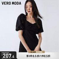 VERO MODA 连衣裙2023夏季新款法式方领水钻蝴蝶结泡泡袖小黑裙