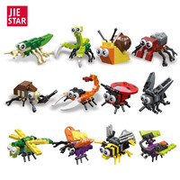 JIE-STAR儿童积木昆虫物语认知幼儿园拼装小颗粒玩具摆件模型 蝴蝶黄蜂蜻蜓草蜢蝎子瓢虫六款