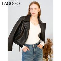 La·go·go 拉谷谷 Lagogo拉谷谷2023年冬新款机车风斜门襟显瘦短款皮衣外套女设计感