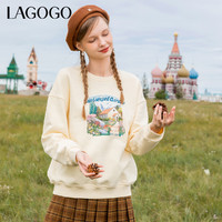 La·go·go 拉谷谷 Lagogo拉谷谷2023年冬季新款圆领套头卡通印花复古加绒纯棉卫衣女