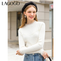 La·go·go 拉谷谷 Lagogo拉谷谷2023年秋季新款长袖圆领白色针织衫女修身显瘦小个子