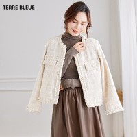 TERRE BLEUE 小香风外套女春秋季新短款圆领减龄百搭小个子女装上衣 杏色 M