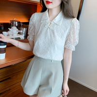 YEZIFENG 叶紫枫 短袖衬衫女2023夏季新款新中式盘扣蕾丝上衣雪纺衫衬衫洋气小衫女 杏色 M