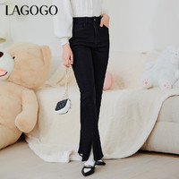La·go·go 拉谷谷 Lagogo拉谷谷2023年秋冬新款黑色高腰显瘦开叉微喇设计感牛仔裤女