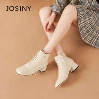JOSINY 卓诗尼 女鞋2023秋冬新款百搭方头粗跟时装靴侧拉链短筒靴瘦瘦靴女